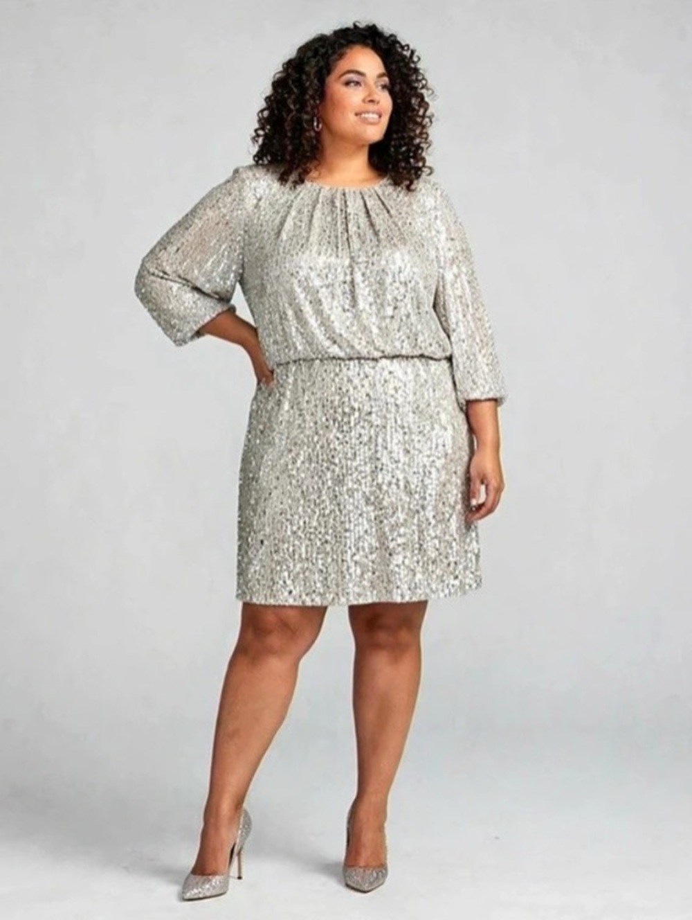 Vince Camuto Sequin Blouson Sheath Dress Silver Size 14